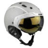 Weißer Casco SP-6 Skihelm in Seitenansicht mit goldgetöntem VAUTRON+ Visier und schwarzem Kinnriemen.