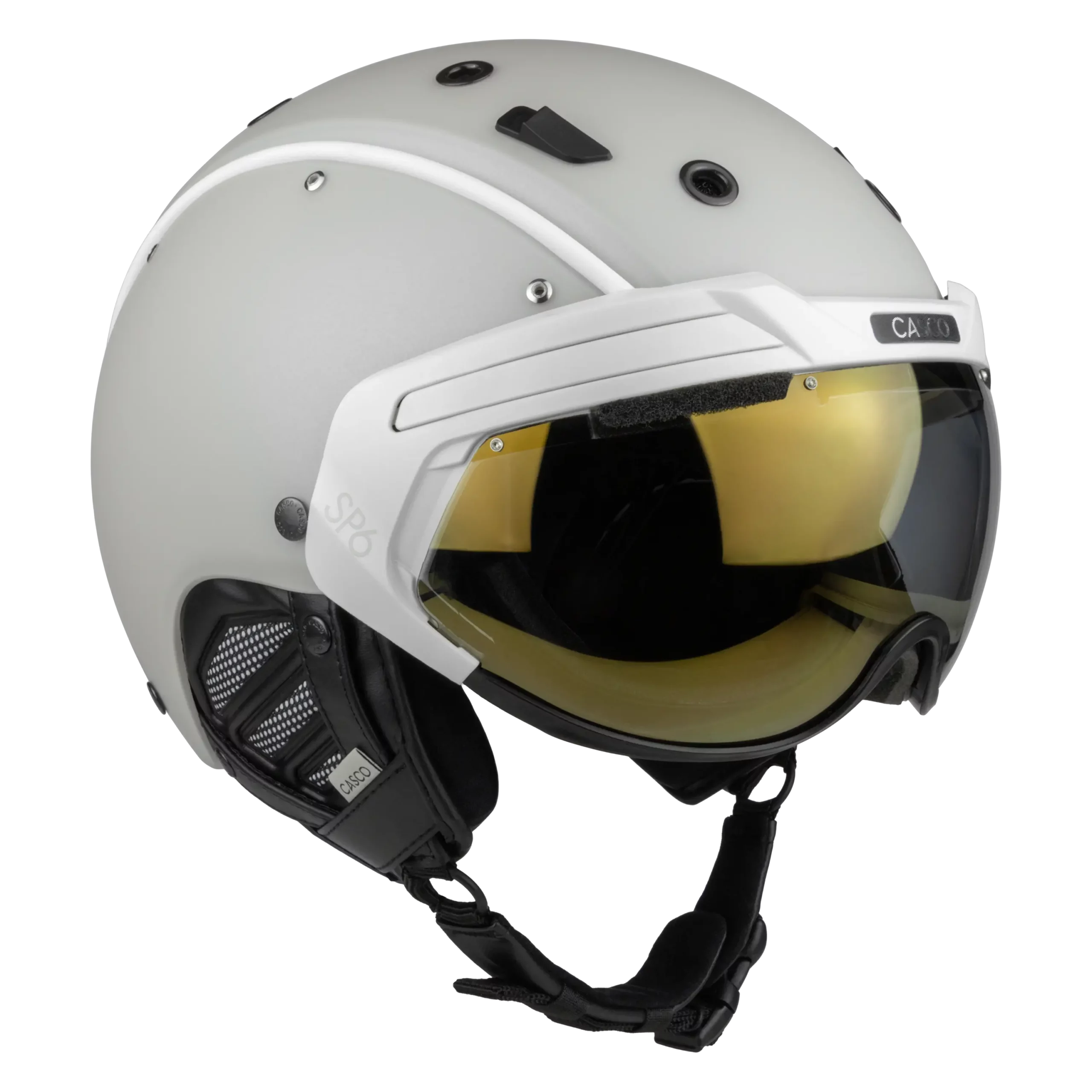 Weißer Casco SP-6 Skihelm in Seitenansicht mit goldgetöntem VAUTRON+ Visier und schwarzem Kinnriemen.