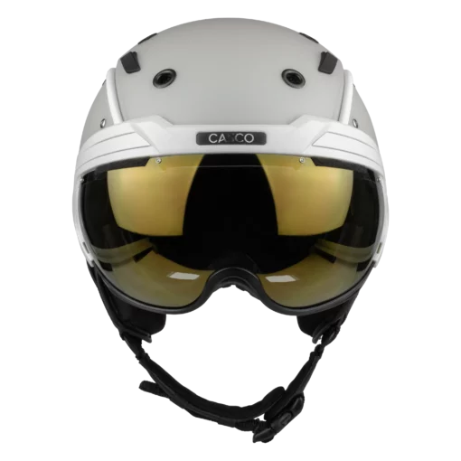 Weißer Casco SP-6 Skihelm mit goldfarbenem VAUTRON+ Visier und schwarzem Kinnriemen in Vorderansicht.