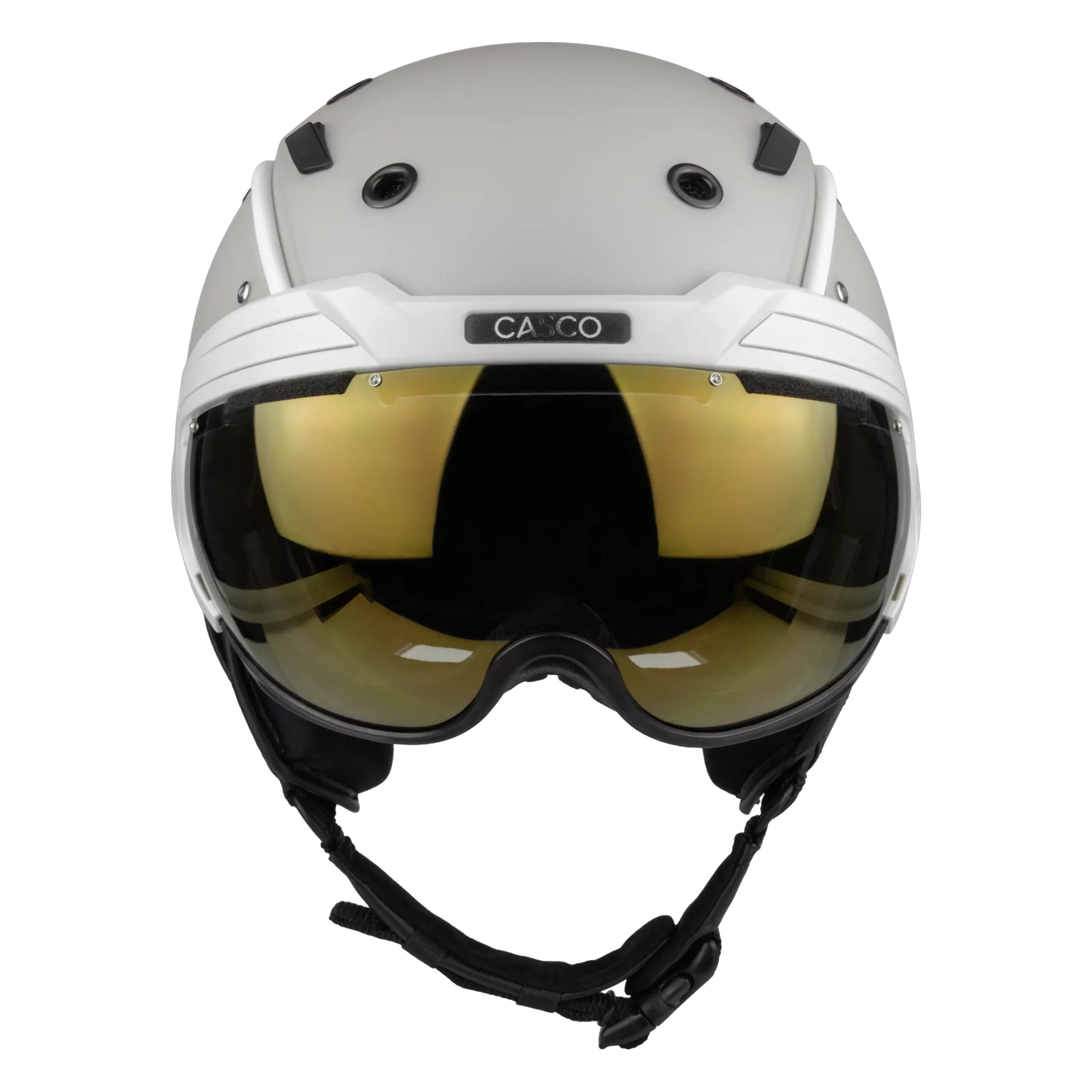 Weißer Casco SP-6 Skihelm mit goldfarbenem VAUTRON+ Visier und schwarzem Kinnriemen in Vorderansicht.