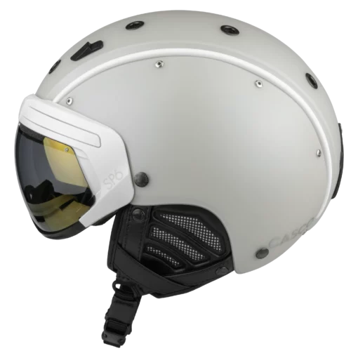 Weißer Casco SP-6 Skihelm mit integriertem getöntem Visier und schwarzer Ohr- und Kinnpolsterung.