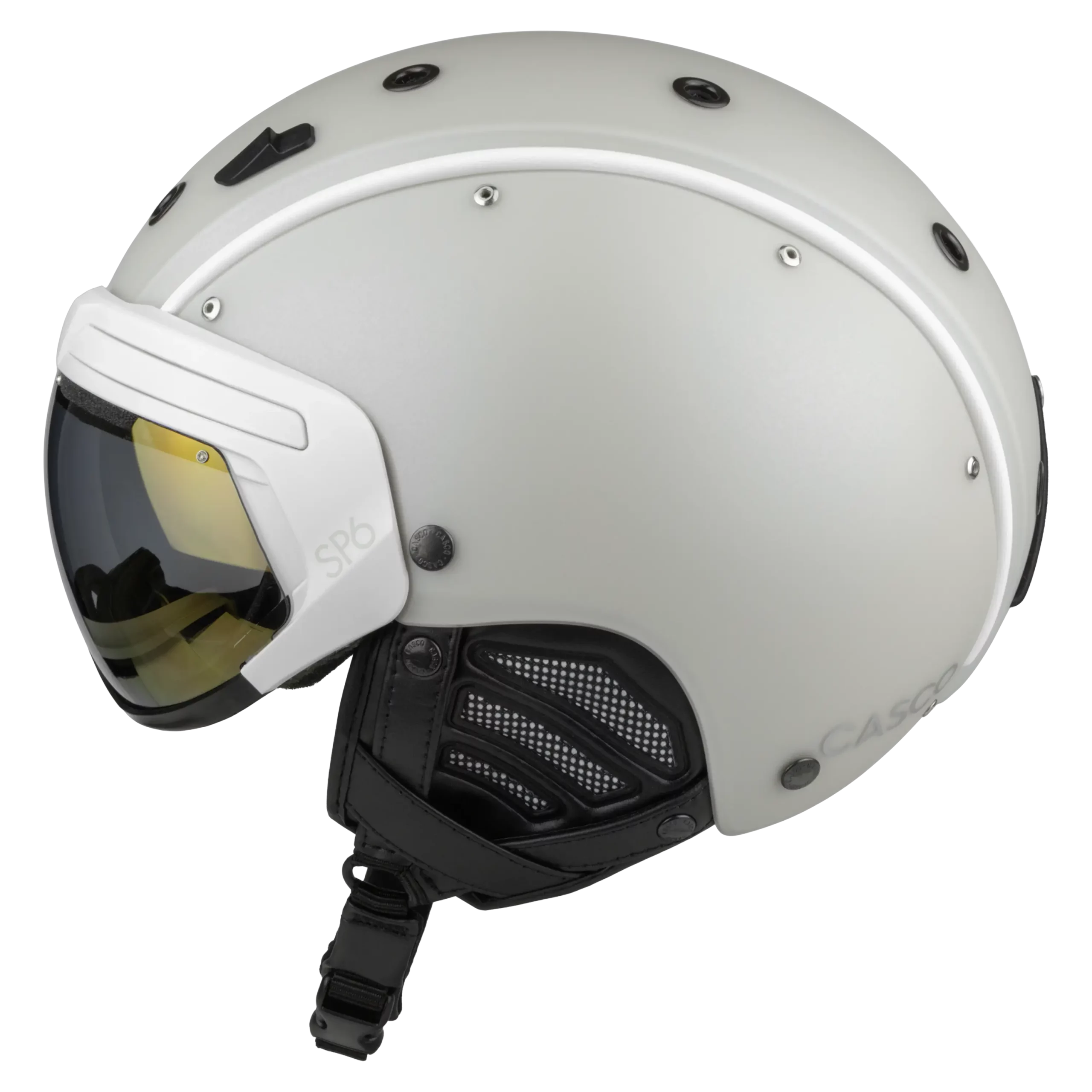 Weißer Casco SP-6 Skihelm mit integriertem getöntem Visier und schwarzer Ohr- und Kinnpolsterung.
