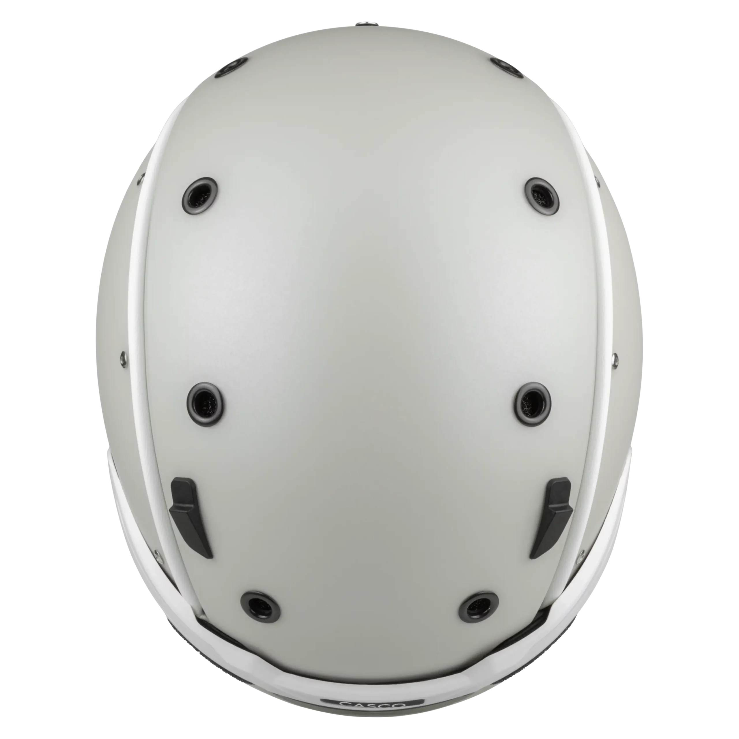Weißer Casco SP-6 Prime Skihelm in Draufsicht mit schwarzen Belüftungsöffnungen und seitlichen weißen Zierleisten.