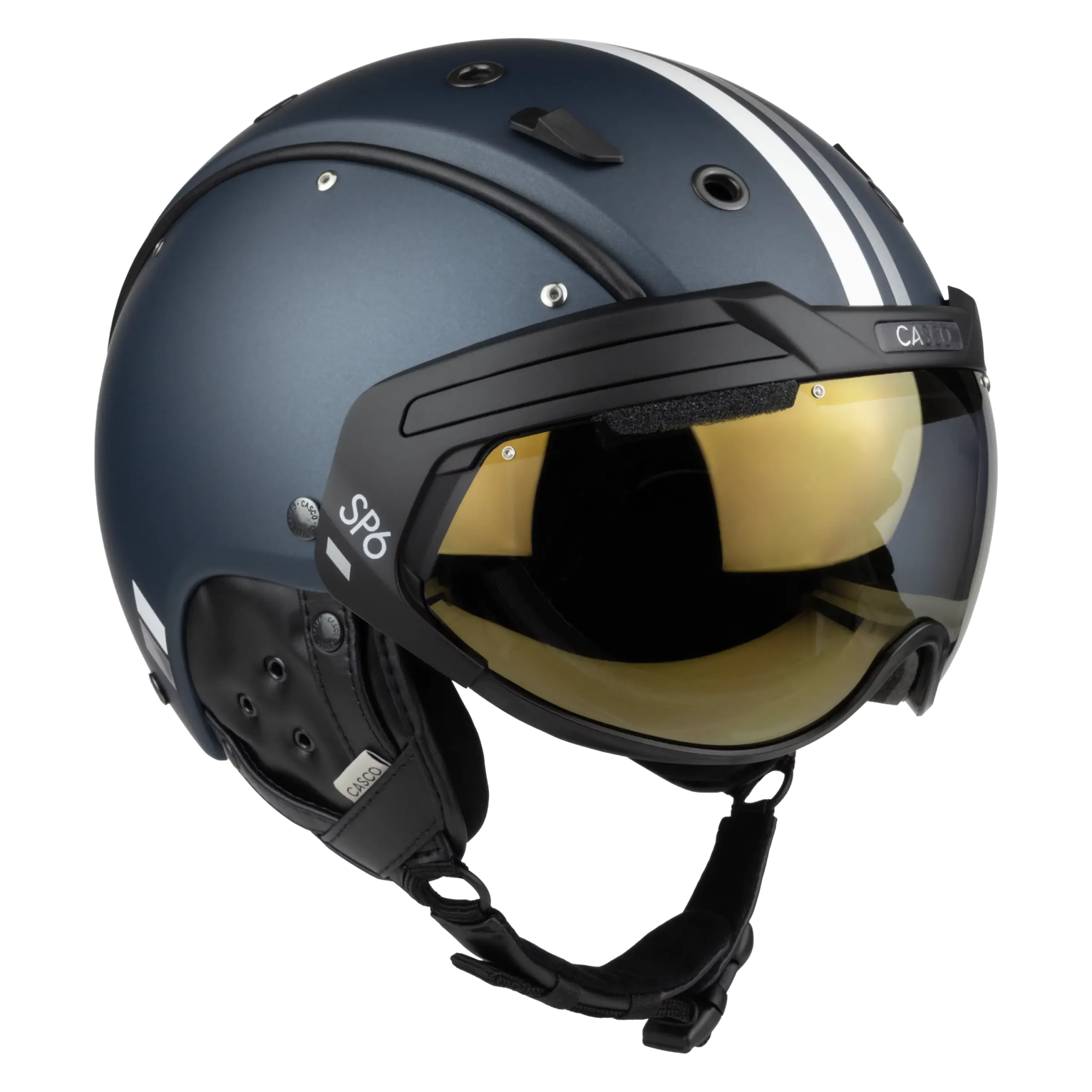 Dunkelblauer Casco SP-6 Skihelm mit integriertem gelb getöntem Visier und schwarzem Kinnriemen.