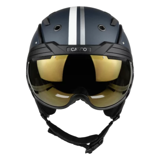 Dunkelblauer Casco SP-6 Skihelm mit gold getöntem Visier und weißem Mittelstreifen in Vorderansicht.