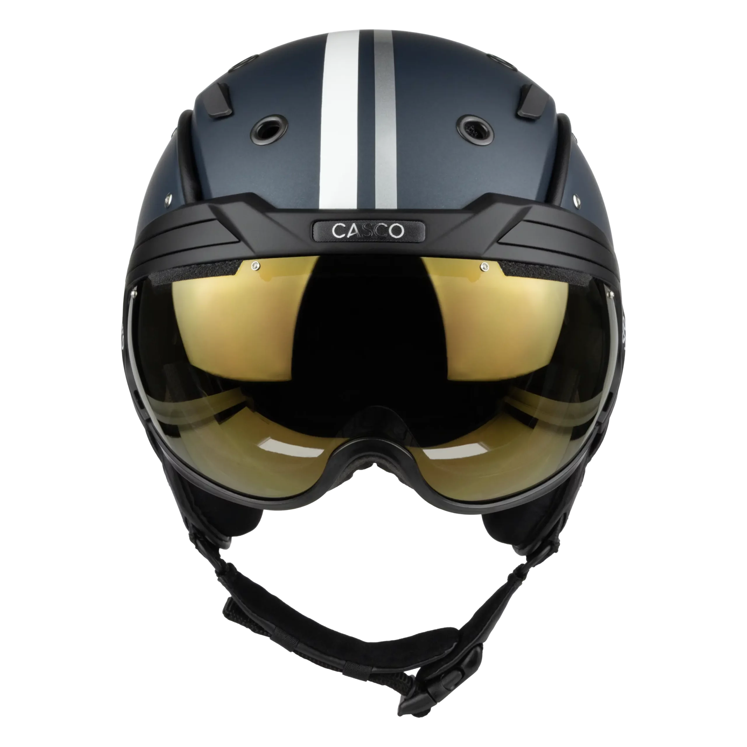Dunkelblauer Casco SP-6 Skihelm mit gold getöntem Visier und weißem Mittelstreifen in Vorderansicht.
