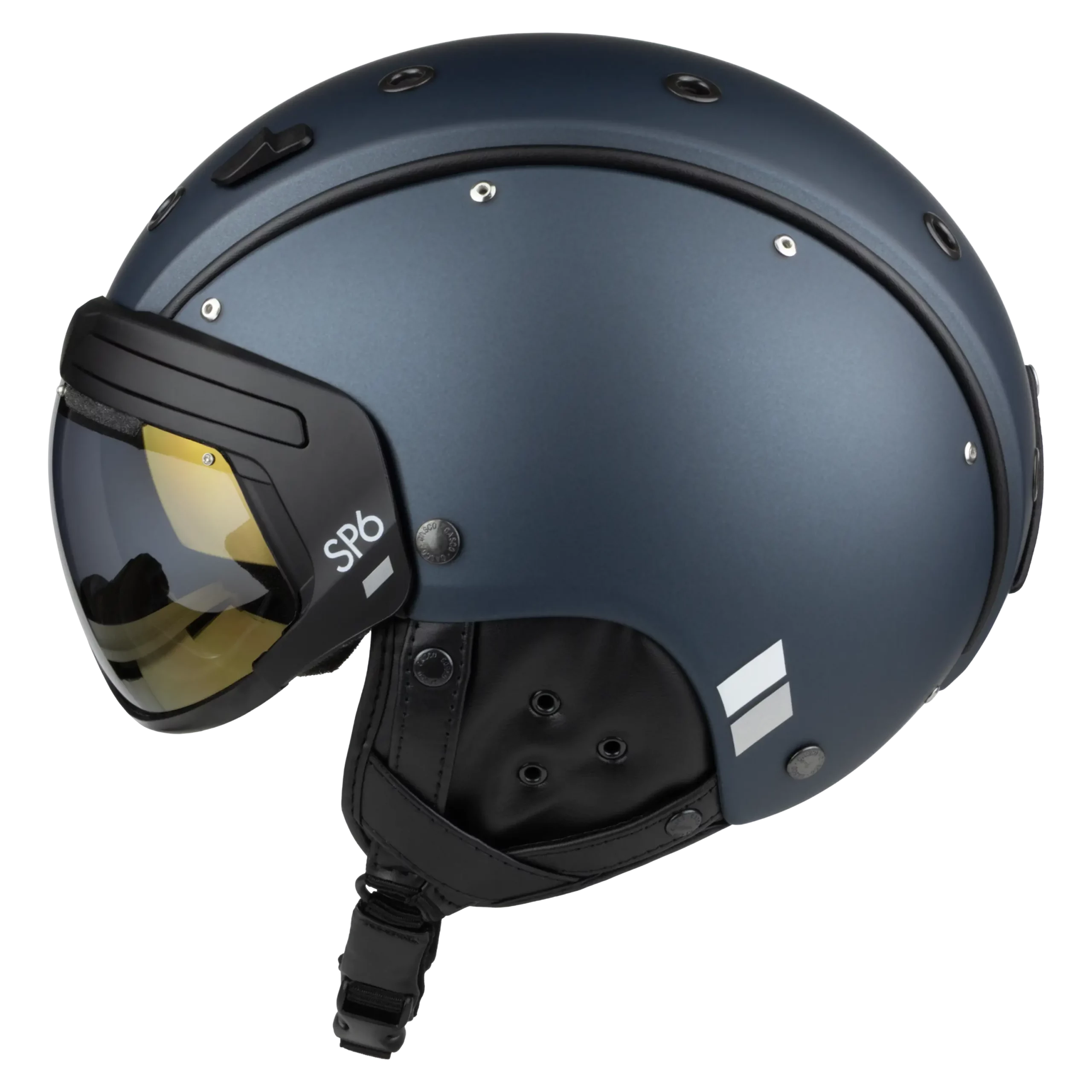 Dunkelblauer Casco SP-6 Skihelm mit schwarzem VAUTRON+ Visier und gepolsterten Ohr- und Kinnschutz.