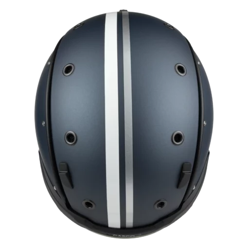 Dunkelblauer Casco SP-6 Skihelm von oben mit weißem und silbergrauem Längsstreifen sowie rund angeordneten Belüftungsöffnungen.