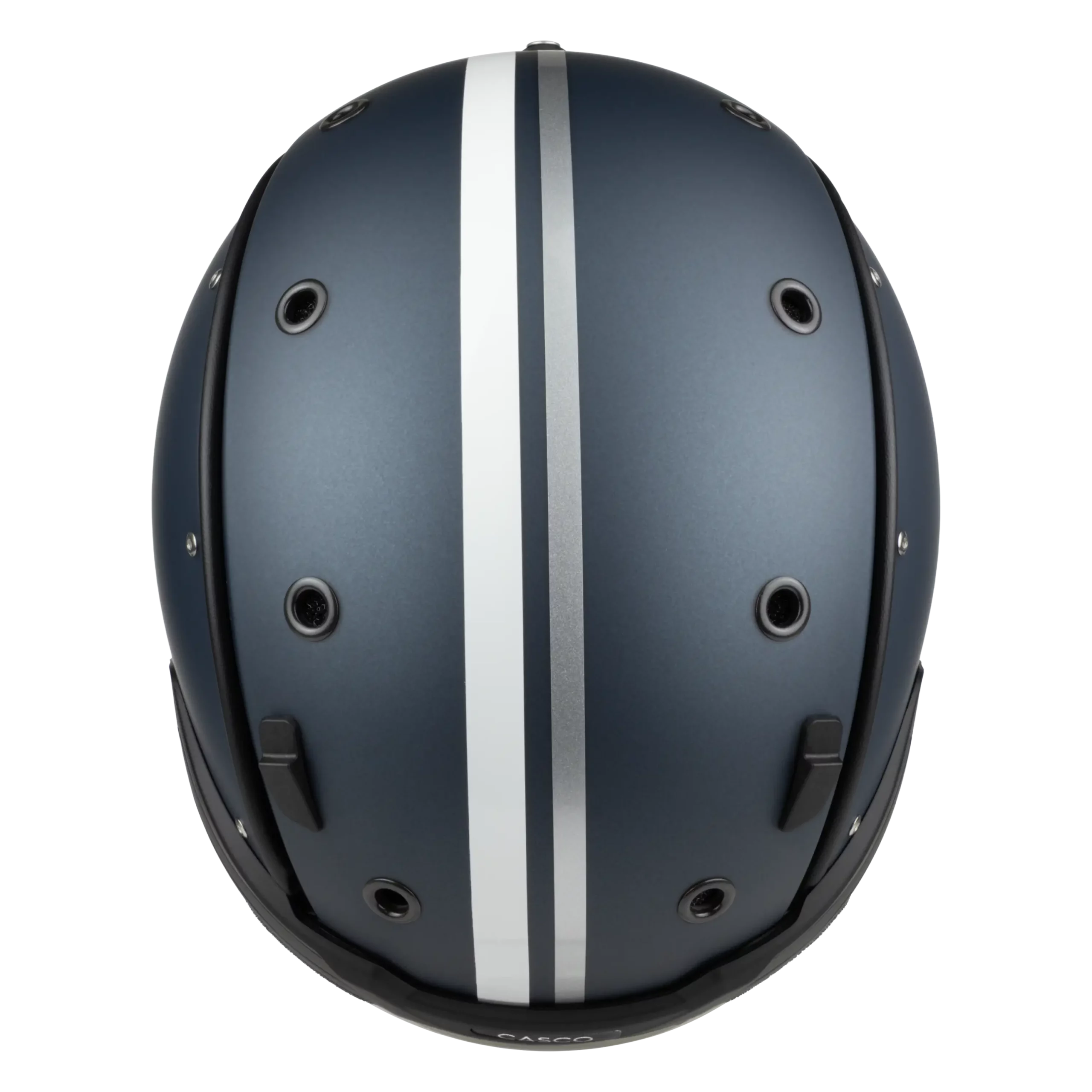 Dunkelblauer Casco SP-6 Skihelm von oben mit weißem und silbergrauem Längsstreifen sowie rund angeordneten Belüftungsöffnungen.