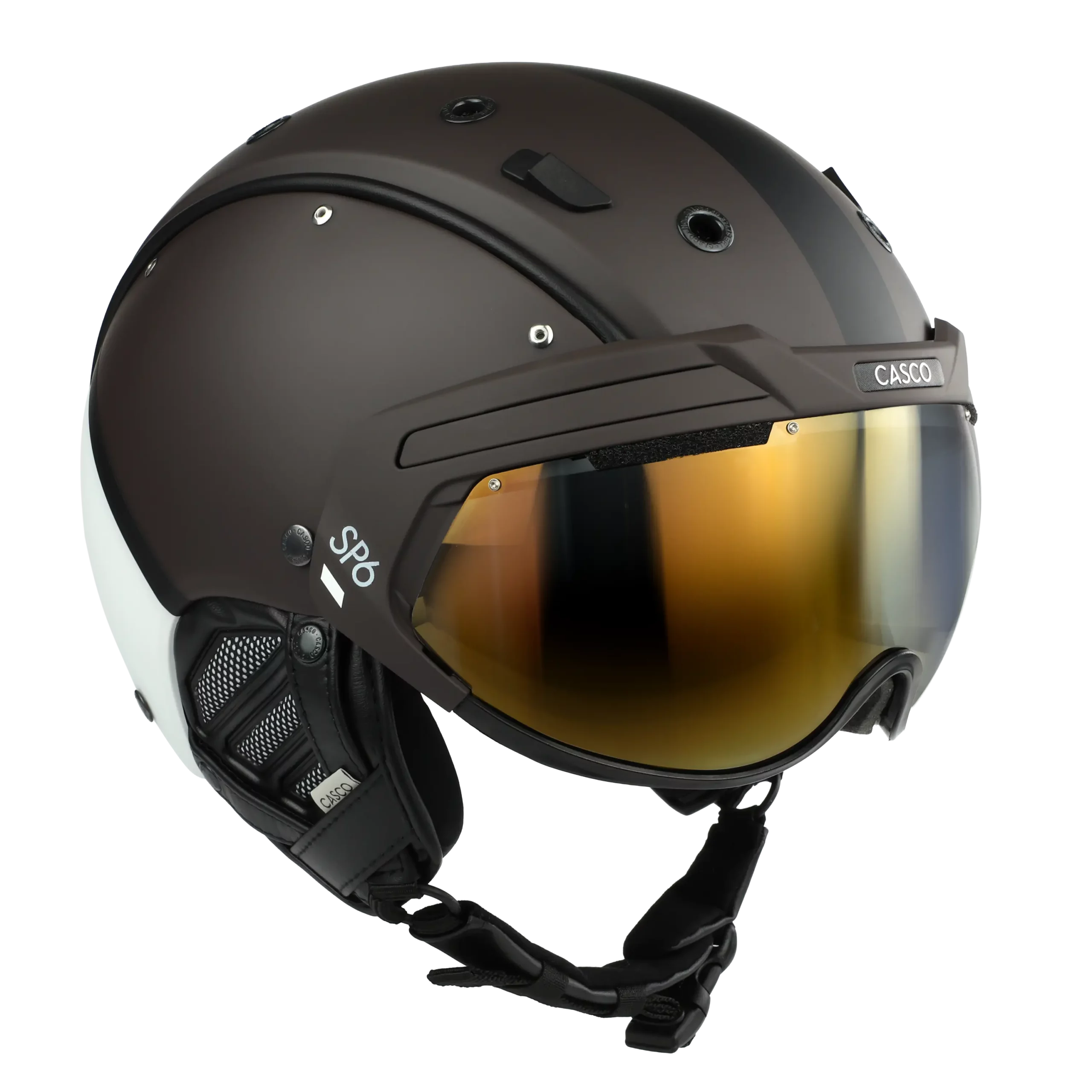 Dunkelbrauner Casco SP-6 Skihelm mit gold verspiegelt integriertem Visier und schwarzem Kinnriemen.