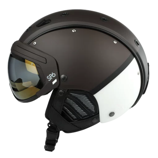 Dunkelbrauner und weißer Skihelm Casco SP-6 Stride mit goldgetöntem VAUTRON-Visier in Seitenansicht.