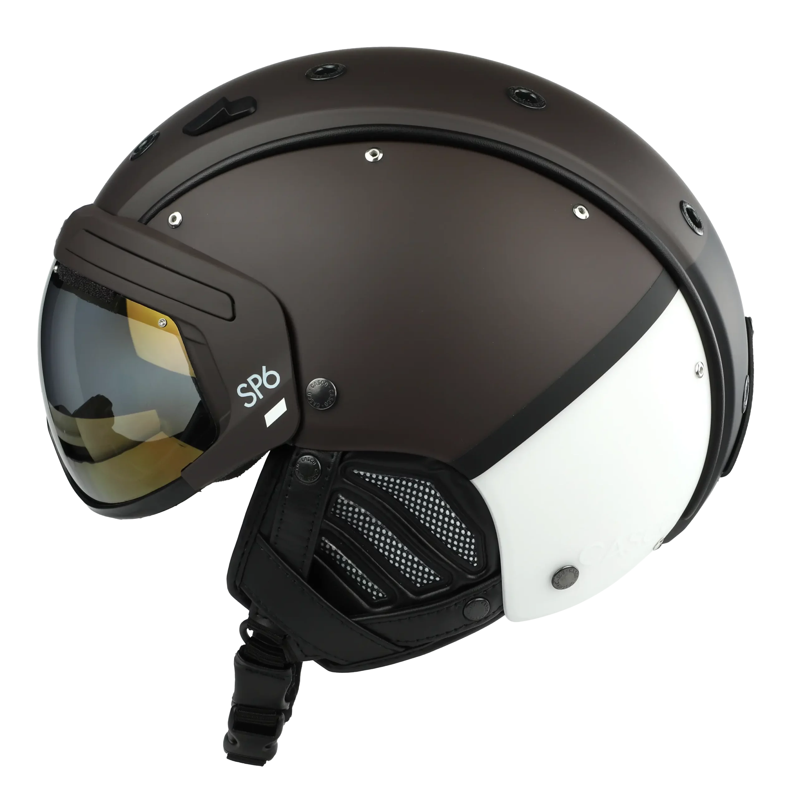 Dunkelbrauner und weißer Skihelm Casco SP-6 Stride mit goldgetöntem VAUTRON-Visier in Seitenansicht.