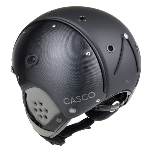 Schwarzer Casco SP-3 Skihelm in seitlicher Ansicht mit strukturierter Schale und grauen Ohrpads.