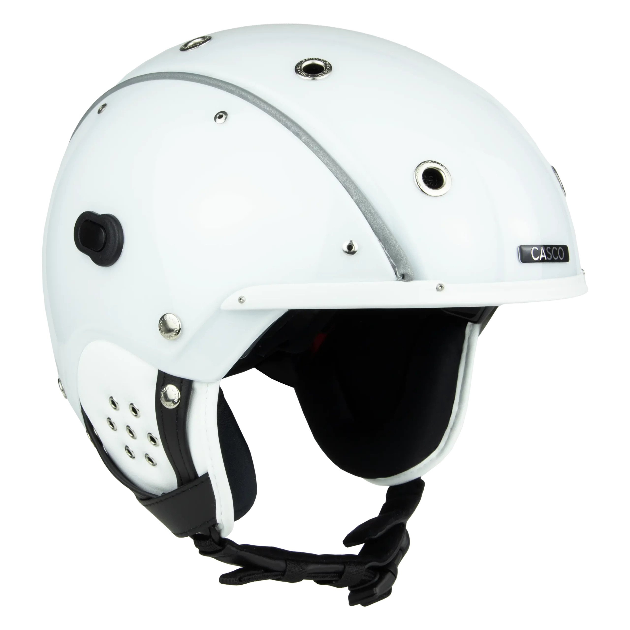 Weißer Casco SP-3 Prime Skihelm mit seitlichen Belüftungsöffnungen und gepolstertem Kinnriemen in Seitenansicht.