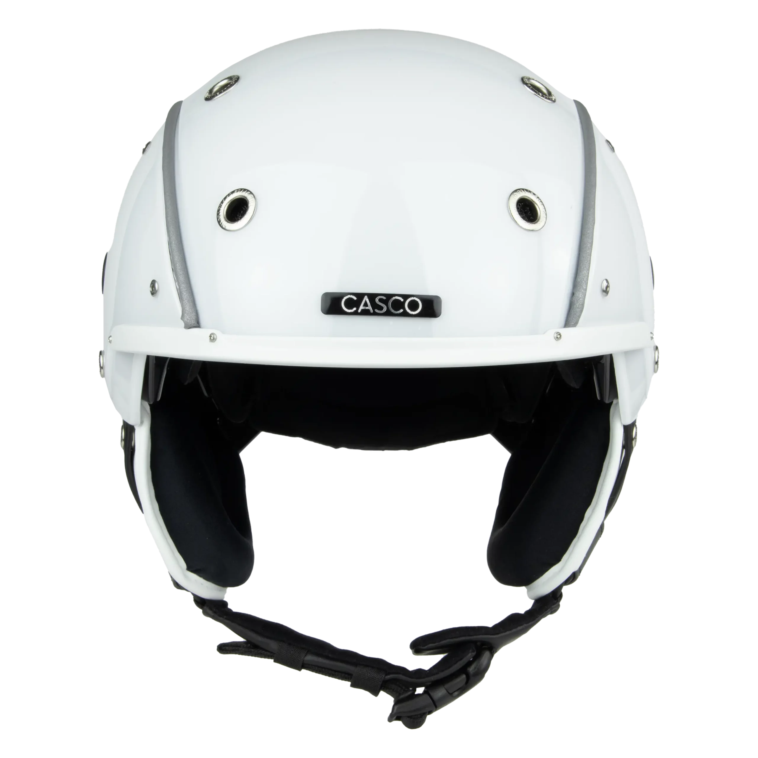 Weißer Casco SP-3 Skihelm in Frontansicht mit Ohrpads, Belüftungsöffnungen und schwarzem Kinnriemen.