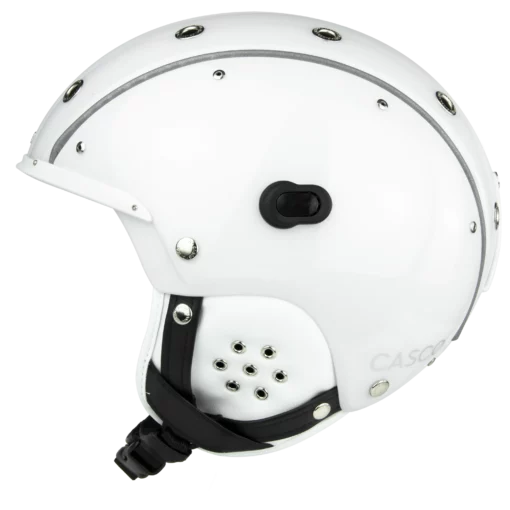 Weißer Casco SP-3 Prime Skihelm mit seitlichen Belüftungslöchern und schwarzem Kinnriemen.