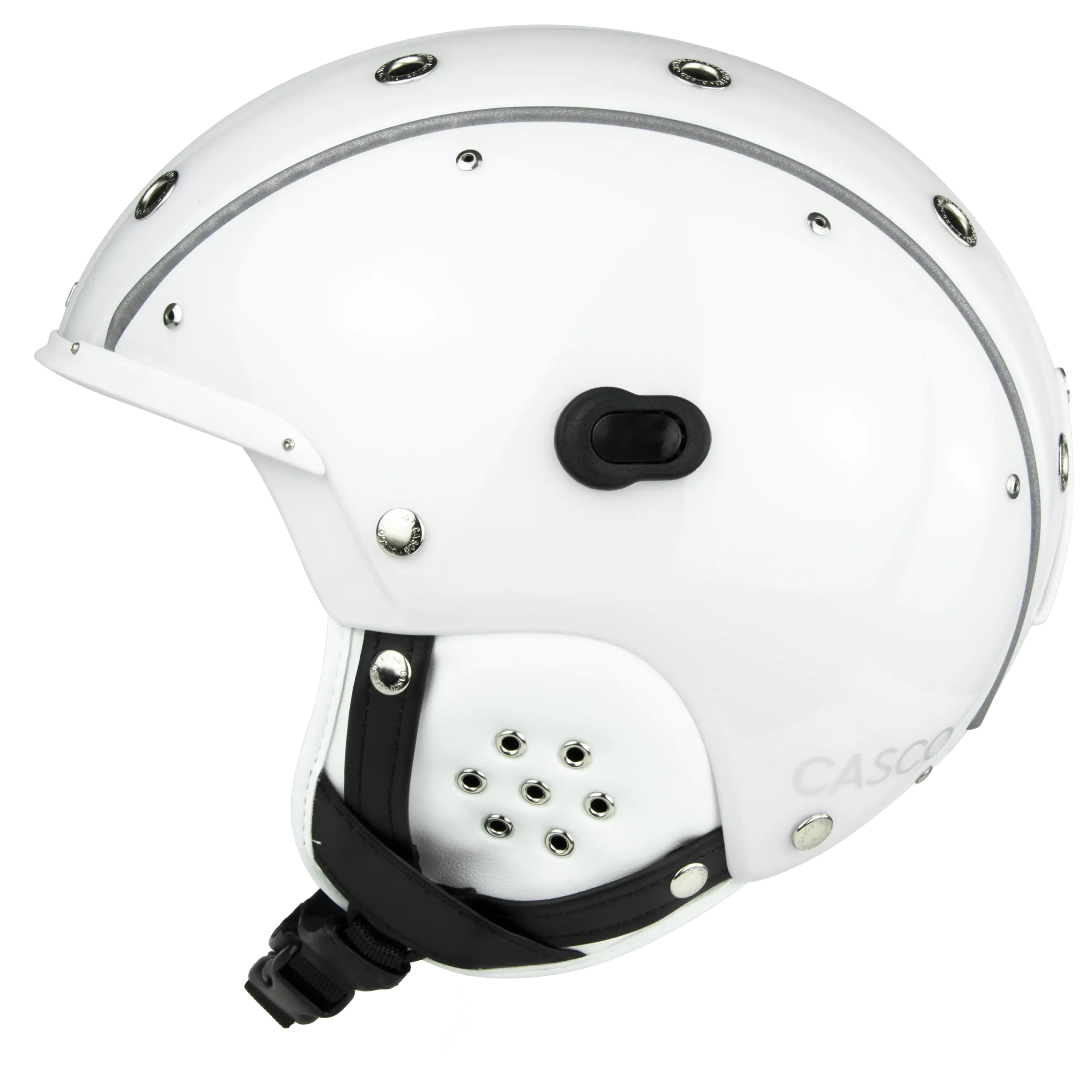 Weißer Casco SP-3 Prime Skihelm mit seitlichen Belüftungslöchern und schwarzem Kinnriemen.