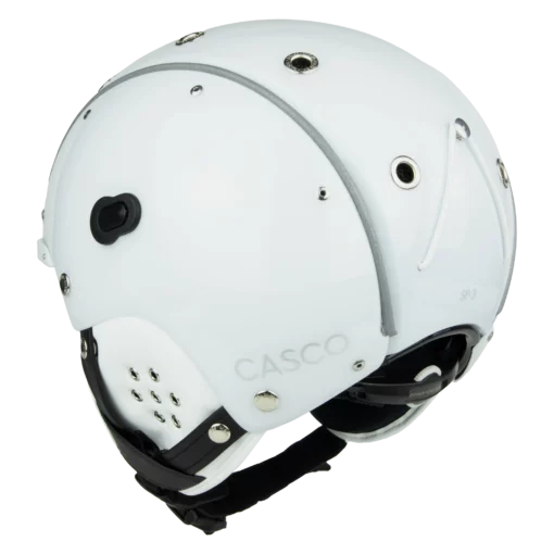 Weißer Casco SP-3 Skihelm in Rück- und Seitenansicht mit Ohrpads und verstellbarem Kinnriemen.