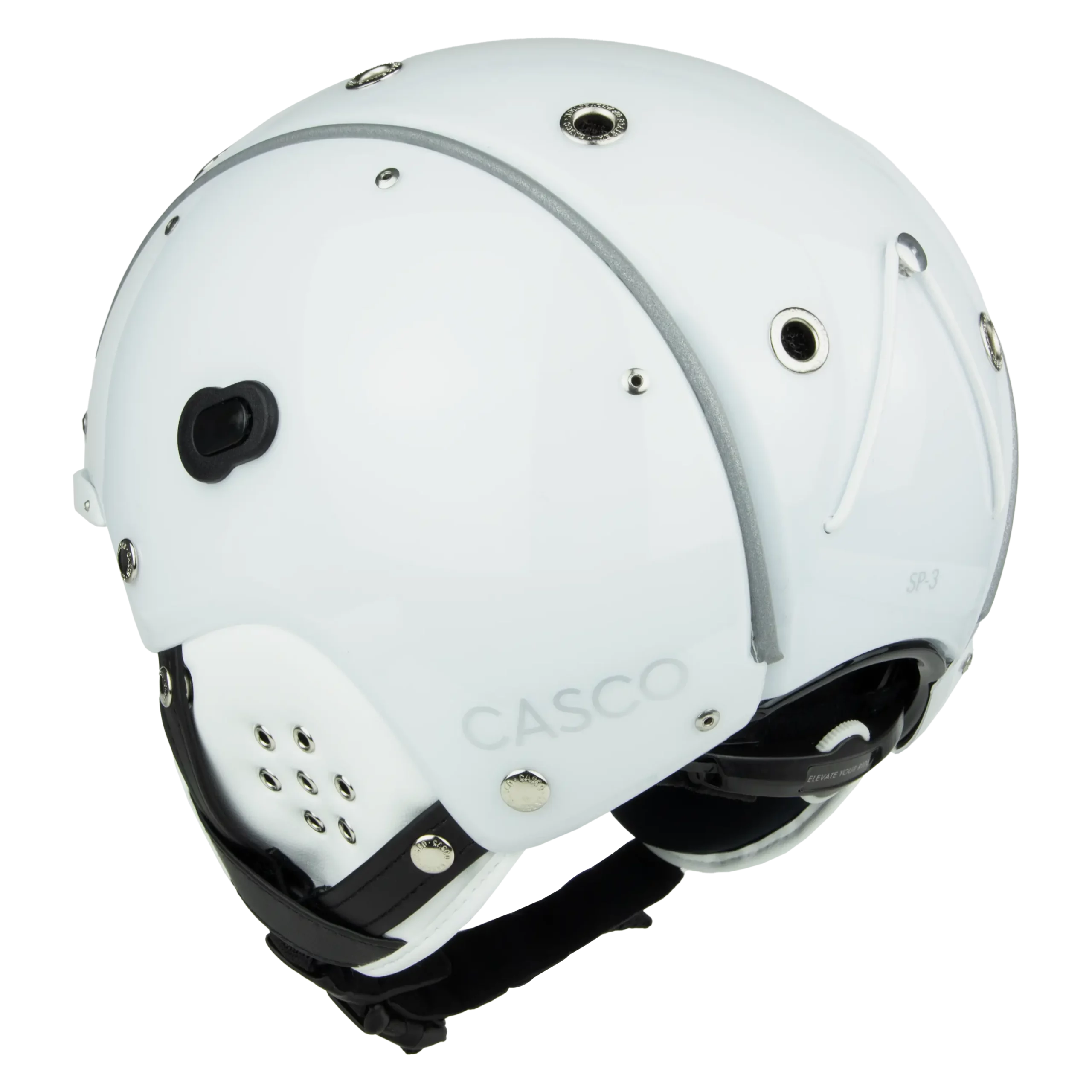 Weißer Casco SP-3 Skihelm in Rück- und Seitenansicht mit Ohrpads und verstellbarem Kinnriemen.