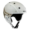 Weißer Casco SP-3 Skihelm mit goldfarbenem Streifen, Ohrpolstern und schwarzem Kinnriemen in Seitenansicht.
