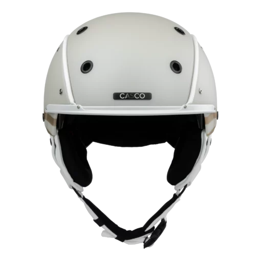 Weißer Casco SP-3 Skihelm mit frontaler Ansicht, Belüftungsöffnungen und schwarzem Innenfutter.