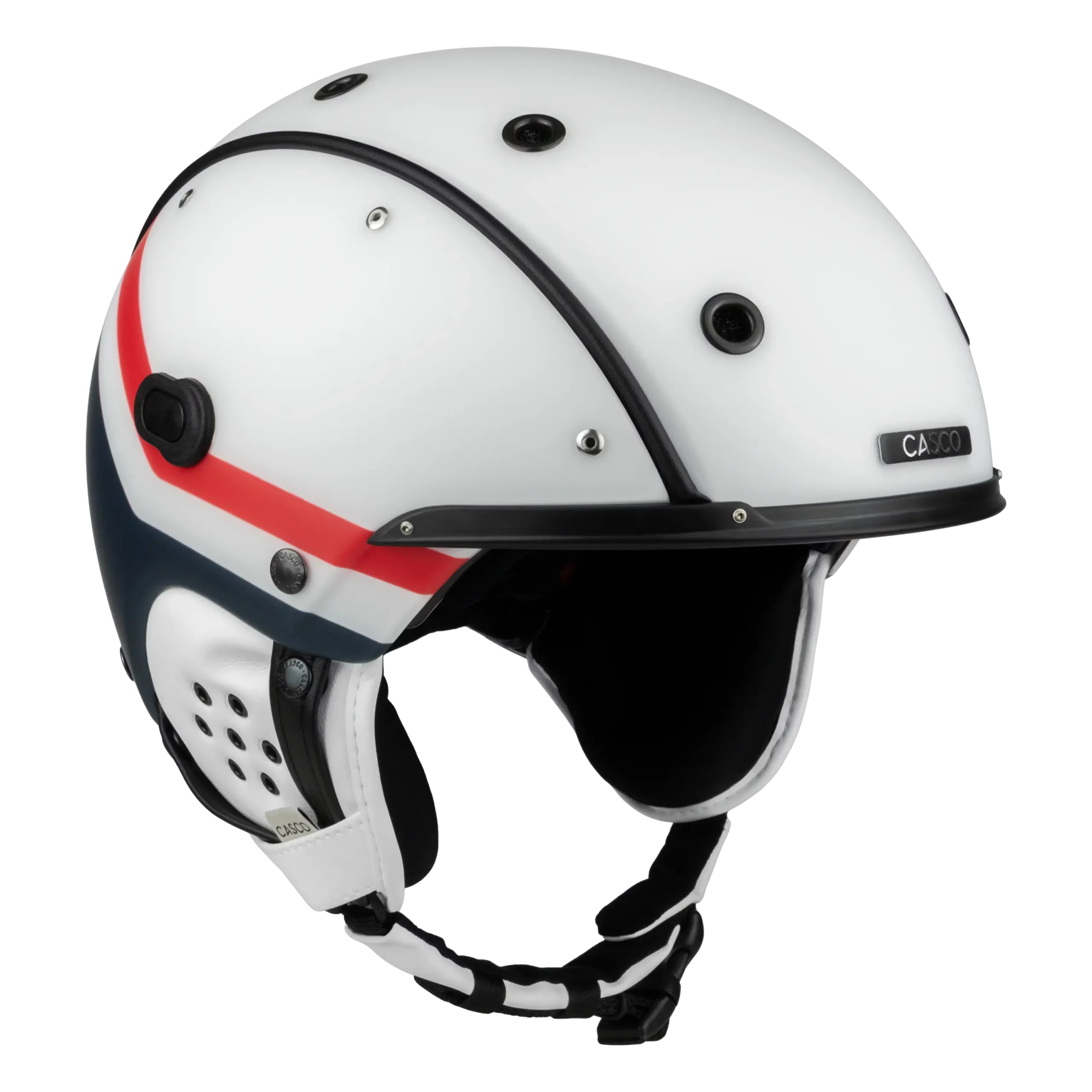 Seitlich abgebildeter weißer Casco SP-3 Spectre Skihelm mit blau-rotem Streifen und schwarzem Visierrand.