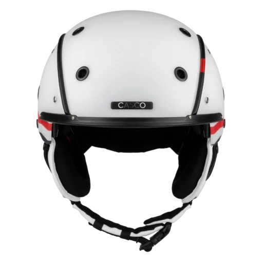 Weißer Casco SP-3 Spectre Skihelm mit schwarzer Einfassung, roten Streifen und Schriftzug „CASCO“ vorne.