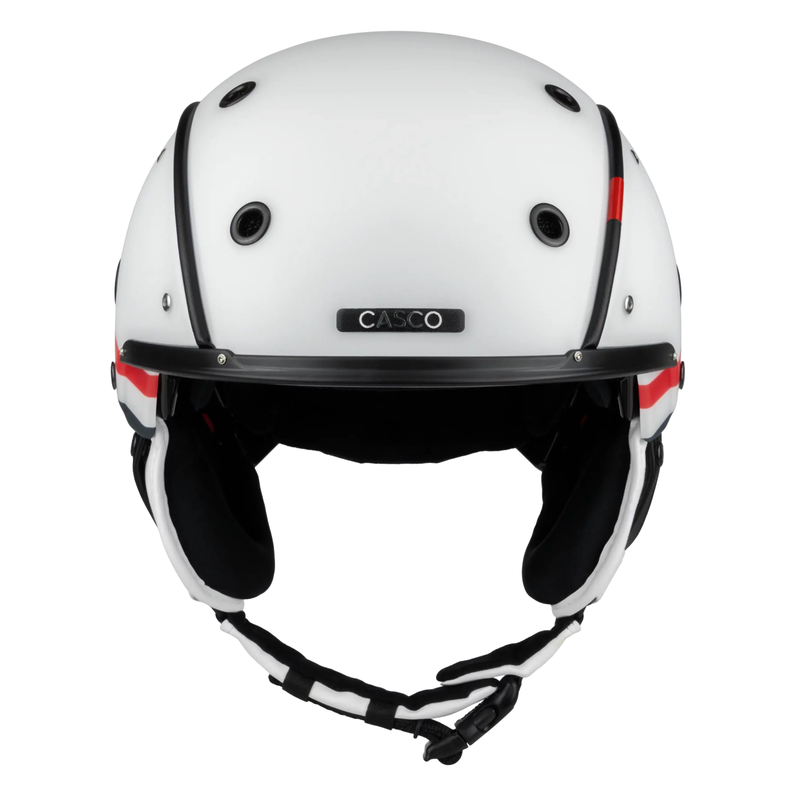 Weißer Casco SP-3 Spectre Skihelm mit schwarzer Einfassung, roten Streifen und Schriftzug „CASCO“ vorne.