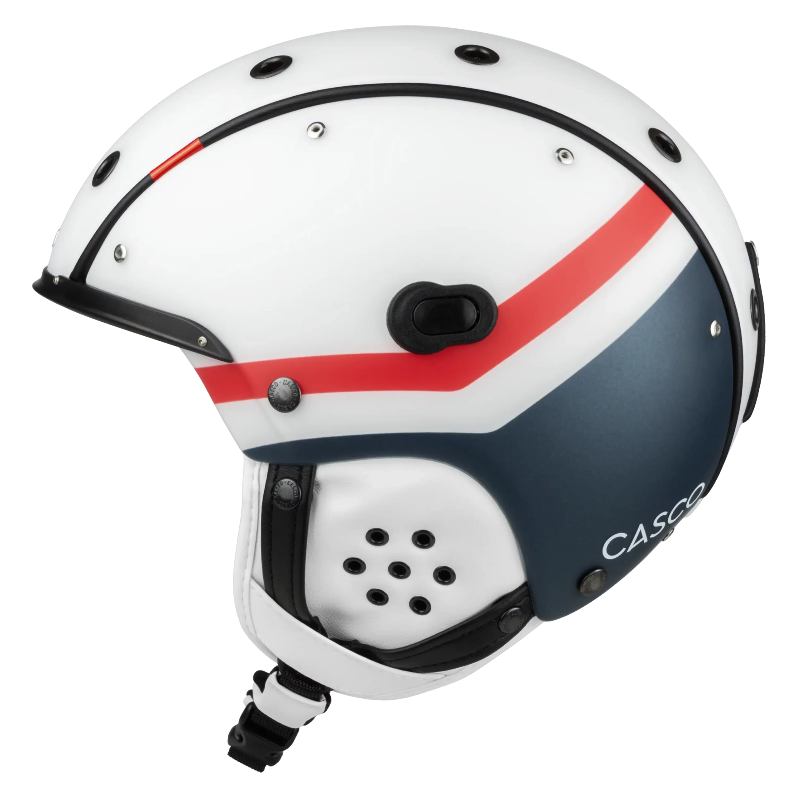 Weißer Casco SP-3 Spectre Skihelm mit blauem Unterteil, rotem Streifen, Ohrpads und gepolstertem Kinnriemen.