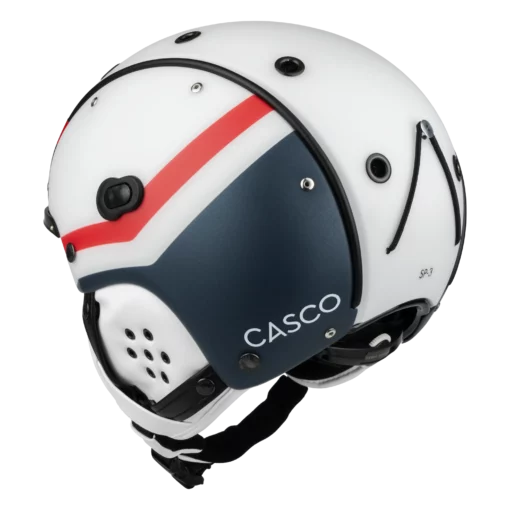 Weißer Casco SP-3 Skihelm mit blauem Liberty-Seitenteil, rotem Streifen und integrierten Ohrpads.