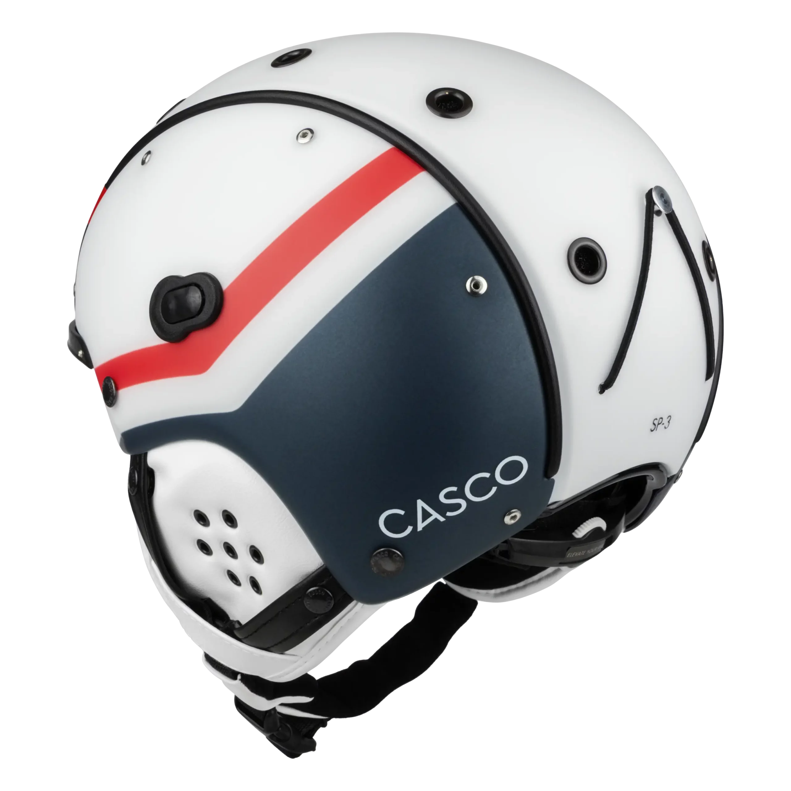 Weißer Casco SP-3 Skihelm mit blauem Liberty-Seitenteil, rotem Streifen und integrierten Ohrpads.