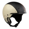 Schwarz-beiger Casco SP-3 Skihelm aus Leder mit braunem Streifen und gepolstertem Kinnriemen in Seitenansicht.