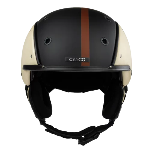Schwarzer Casco Skihelm mit senkrechtem braunem Streifen und beigen Seitenteilen in Frontansicht.