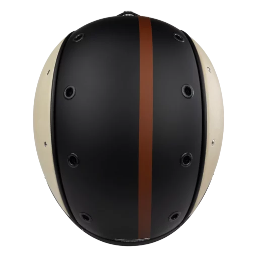 Schwarzer Skihelm mit breitem braunem Mittelstreifen und beigen Seitenteilen in Draufsicht.