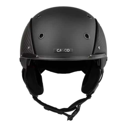 Schwarzer Casco SP-3 Skihelm aus Carbon mit Ohrpads, Belüftungsöffnungen und verstellbarem Kinnriemen in Vorderansicht.
