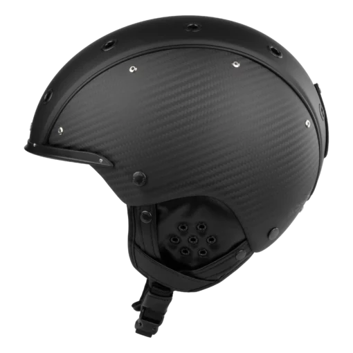 Schwarzer Casco SP-3 Eden Skihelm aus Carbon mit seitlichen Ohrpads und gepolstertem Kinnriemen in Seitenansicht.