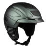 Grauer Casco SP-5 Skihelm in Halbprofilansicht mit schwarzer Oberseite und gepolsterten Ohr- und Kinnriemen.