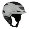 Grauer Casco SP-5 Vertex Skihelm mit schwarzer Oberseite, verstellbarem Kinnriemen und belüfteten Ohrpads in Seitenansicht.