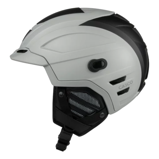 Grauer Skihelm Casco SP-5 Vertex mit schwarzem Heck, Belüftungsschlitzen und gepolsterten Ohrpads in Seitenansicht.